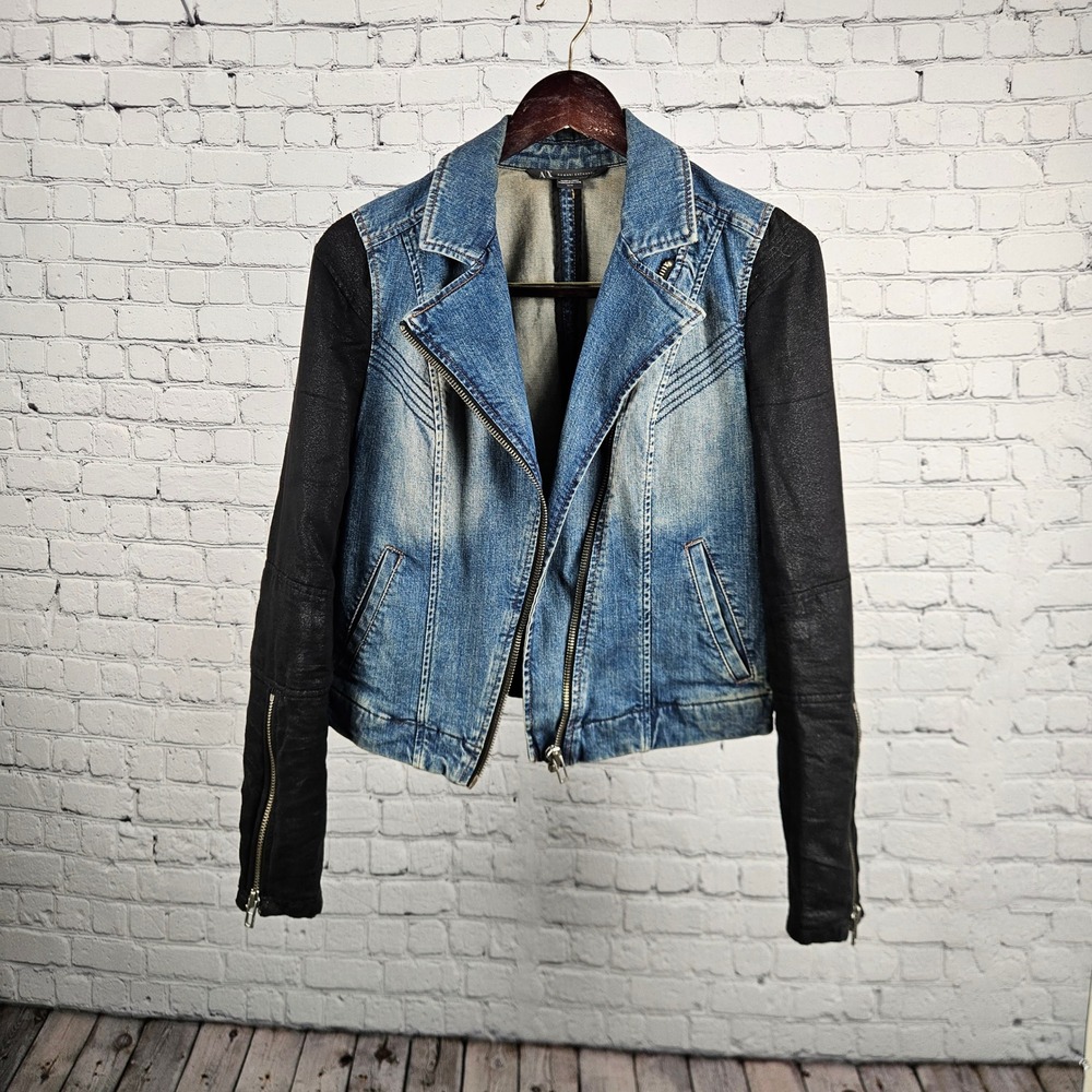 Armani Exchange Denim Moto Jacket Womens Medium Blue Black Mixed Media Asym Zip